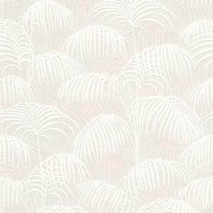 Vliestapete in Grau-Weiß mit Palmenmuster für Wohn- und Schlafzimmer.