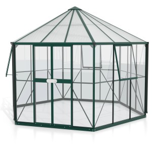 Grünes Gewächshaus Hera 9000 mit ESG-Glas, Hohlkammerplatten und Fundament.