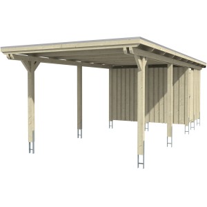 Weißer Skan Holz Carport Emsland mit Abstellraum, Holzkonstruktion mit flachem Dach.