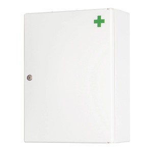 Weißer Jokey Medikamentenschrank 1 mit grünem Kreuz und abschließbarer Tür.
