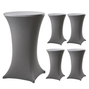 5er Set anthrazitfarbene Stretch Stehtischhussen, passend für 70cm Tische. Elastisches Polyestergewebe für Events.