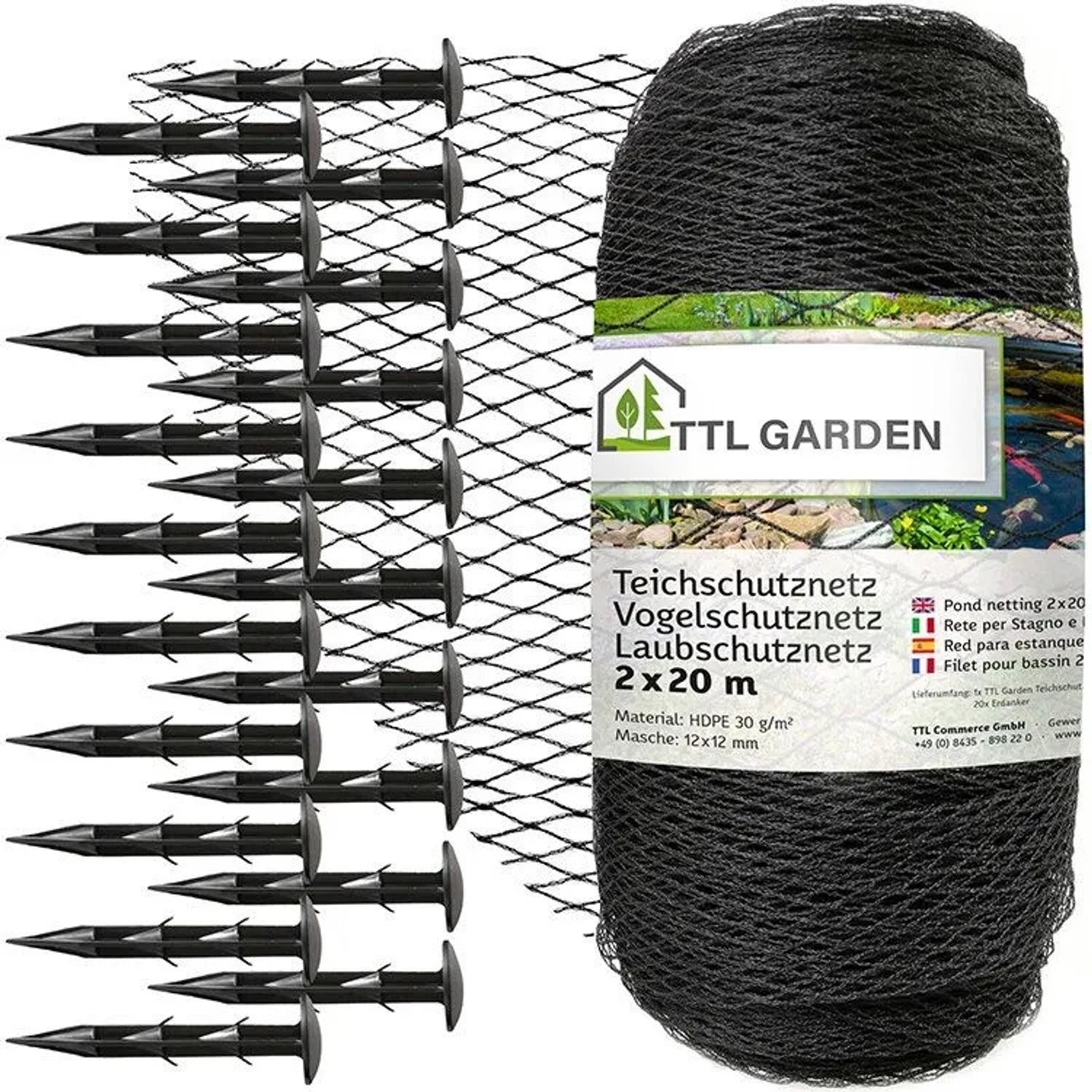TTL GARDEN Teichschutznetz 2x20m 12x12mm 30g/m² Anthrazit Vogelschutznetz Teichnetz Laubnetz Gartennetz aus HDPE