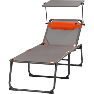 Graue Campingliege Kevin XXL mit Sonnendach und Nackenpolster für Camping & Freizeit.