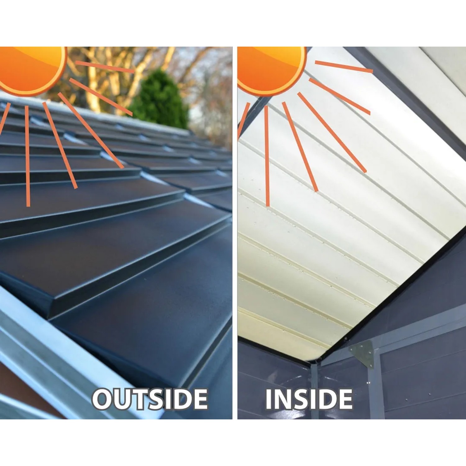 Detailansicht: Palram Canopia Gerätehaus Skylight 1.9 x 3.8 Anthrazit, Dach außen und Innenansicht.