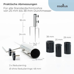 osoltus Edelstahl Rasendorn für Sonnenschirme mit 3 Erdspießen, 2 Schrauben und Reduzierringen. Maße gezeigt.