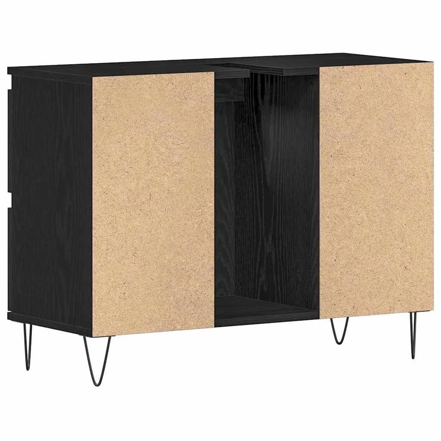 vidaXL Waschbeckenschrank, schwarz Eichen-Optik, mit Tür und Ablagefächern.