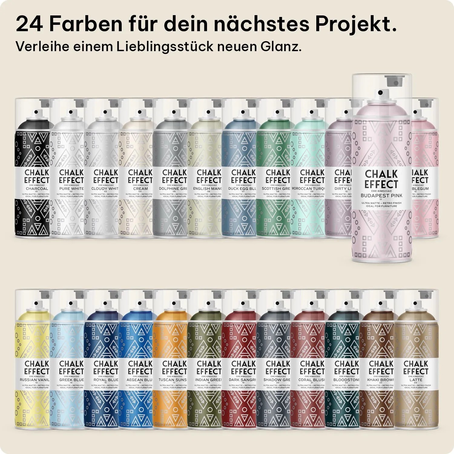 Sortiment an COSMOS LAC Kreidefarbe Spray Chalk Effect in verschiedenen Farben.