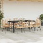 9-teiliges Garten-Esszimmerset aus Poly Rattan mit schwarzem Tisch und 8 braunen Stühlen.