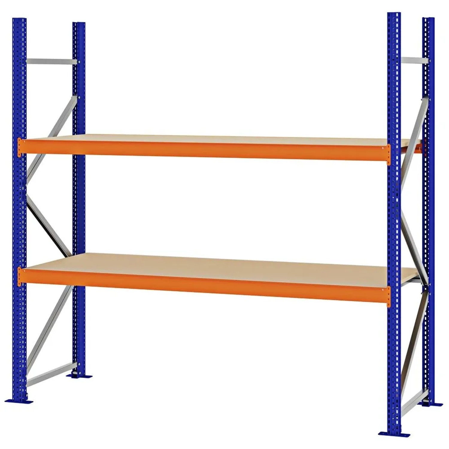 PROREGAL Weitspannregal Schraub-Stecksystem MAGNUS PRO Made In Germany Grundregal 200x200x60cm 2 Ebenen Spanplattenböden Fachlast 600kg Blau/Orange