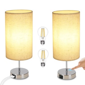 Zwei dimmbare Vintage Nachttischlampen mit Stoffschirm, Chromfuß, USB-Ladefunktion und Touch-Steuerung. Inkl. LED E27 Leuchtmittel.