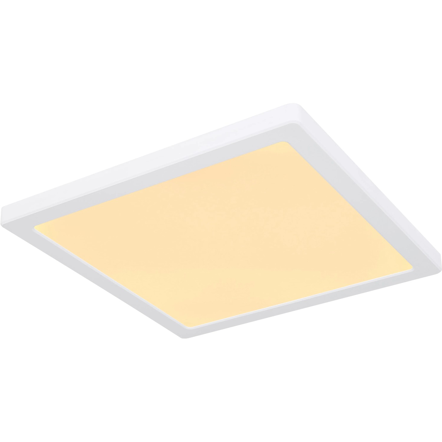 Weiße, quadratische LED-Deckenleuchte Lasse von Globo, 291x291x17 mm, mit einstellbaren Weißtönen.
