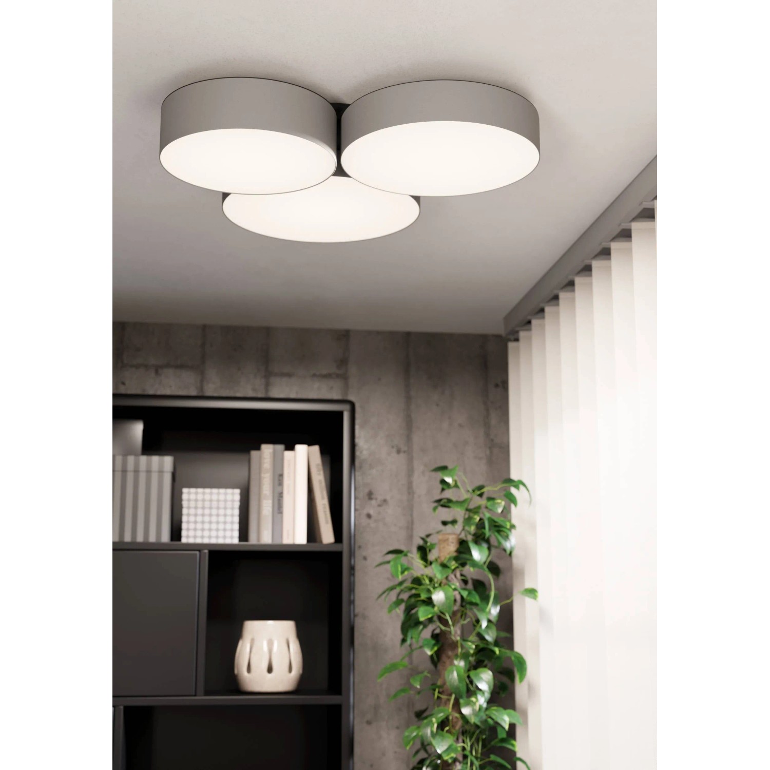 Grau-weiße Eglo LED-Deckenleuchte Barbano-Z, smarte RGB/CCT Lampe mit drei Leuchtflächen.