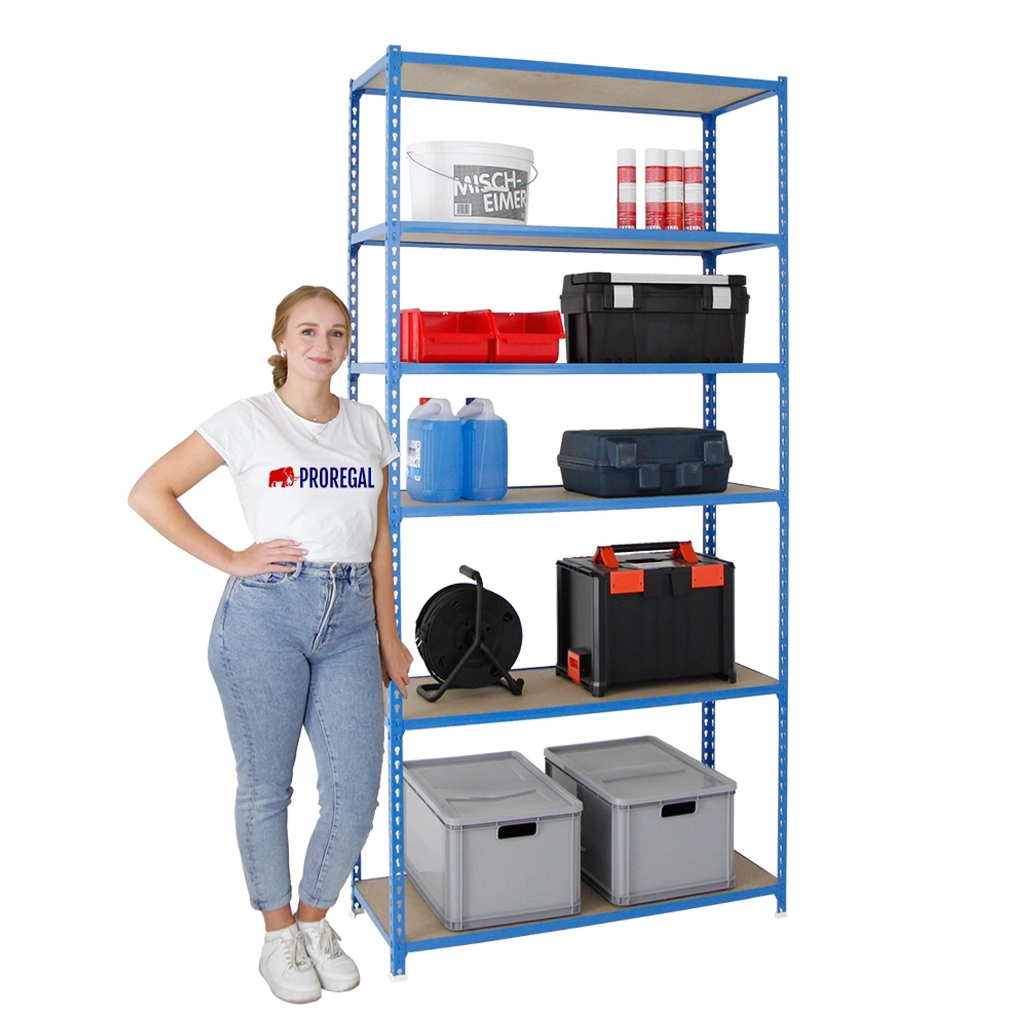 Blaues PROREGAL Schwerlastregal Giant mit 6 Böden, beladen mit Werkzeug und Behältern.