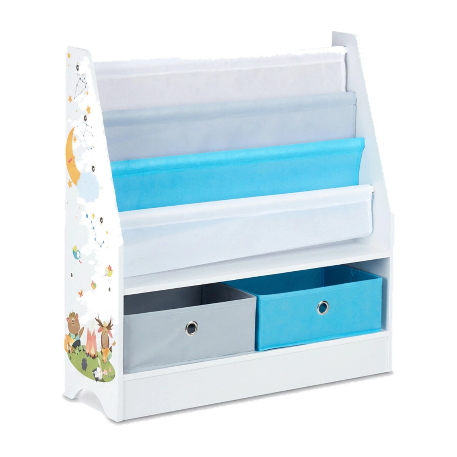 Relaxdays Kinderregal Spanplatte Stoff Metall Mehrfarbig mit 2 Boxen und 3 Hängefächern 74 cm x 71 cm x 23 cm