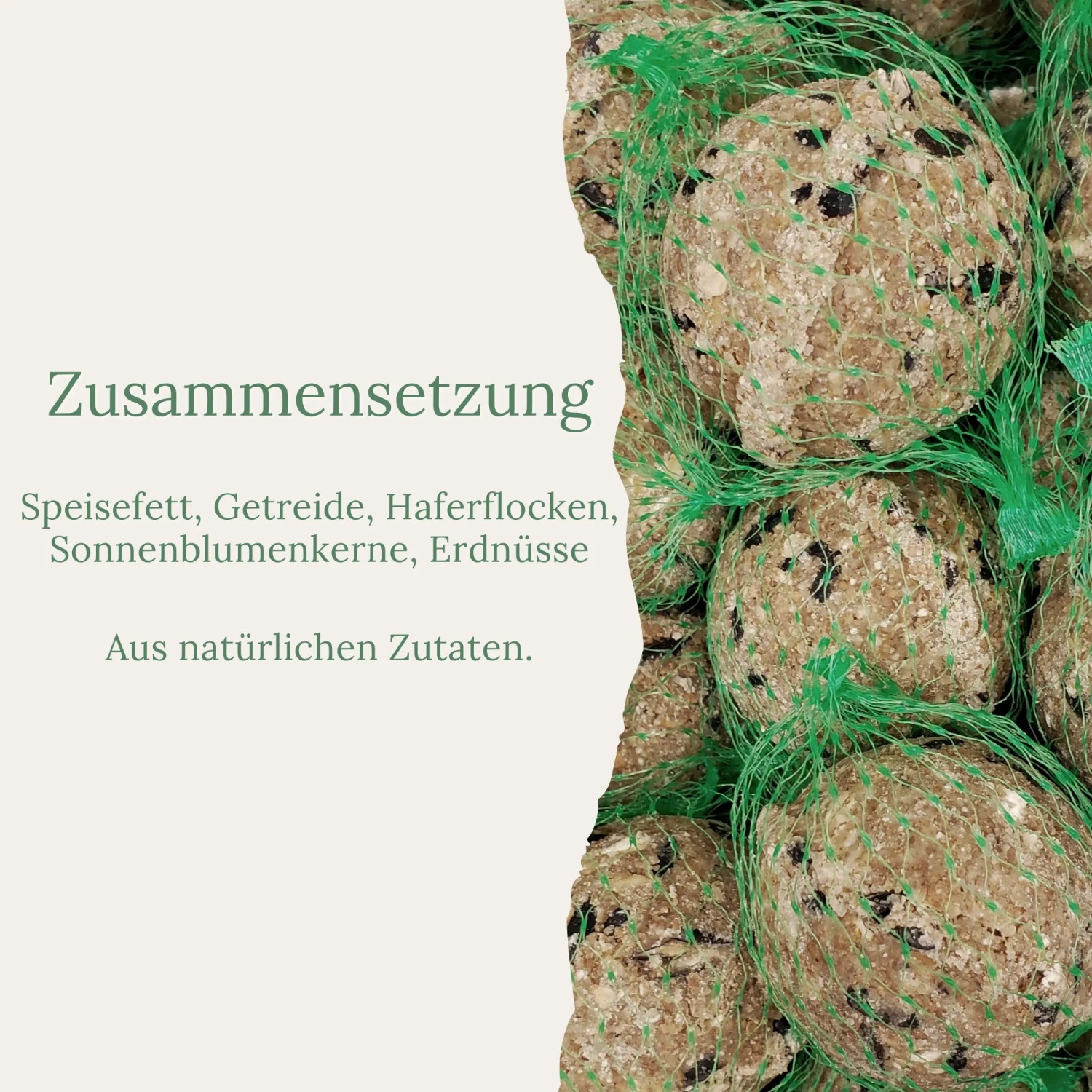 Meisenknödel mit Netz und Sonnenblumenkernen für Wildvögel, Detailaufnahme.