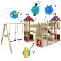 Wickey Spielturm Smart Queen mit Rutsche, Schaukel und Kletterwand. Holz natur, rot-blaue Akzente.