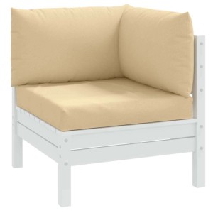 Melange Beige Palettenkissen 3-tlg. für Garten & Outdoor. Bequemes Sitz-, Rücken- und Seitenkissen auf weißem Palettensofa.