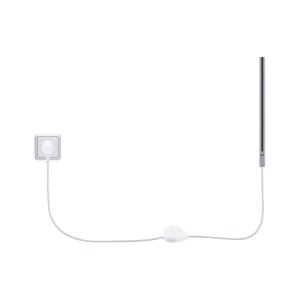 Paulmann URail Einspeisung mit Eurostecker, weißem Kabel, Fußschalter und mattem Chrom-Schienensystem.