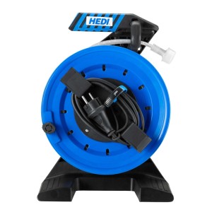 Blaue HEDI LED-Lichtband-Trommel aus Vollkunststoff mit 15 m LED-Flex Companion Lichtband und Stecker auf schwarzem Standfuß.