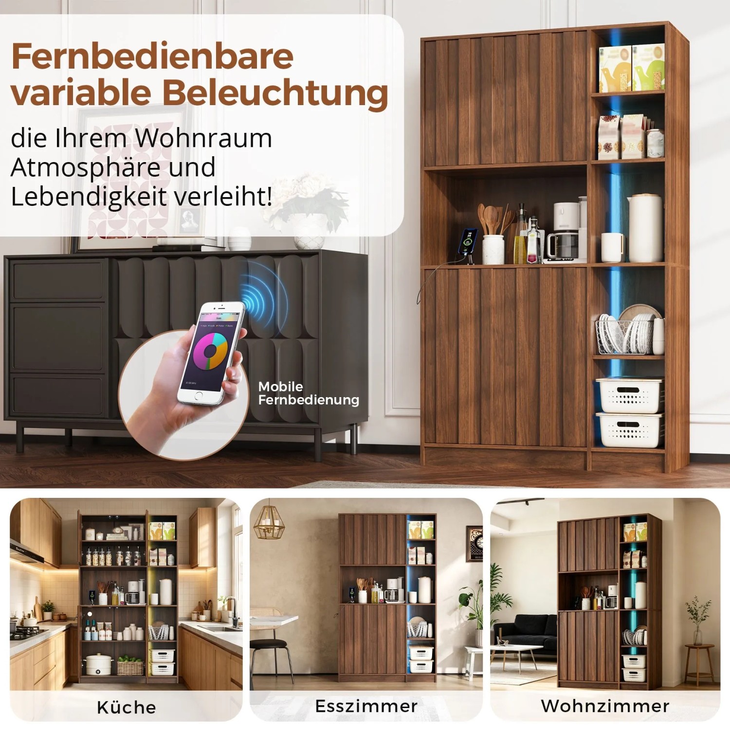 Merax Küchenschrank 180x105x40 cm LED Steckdosen Bücherregal Vitrine_6