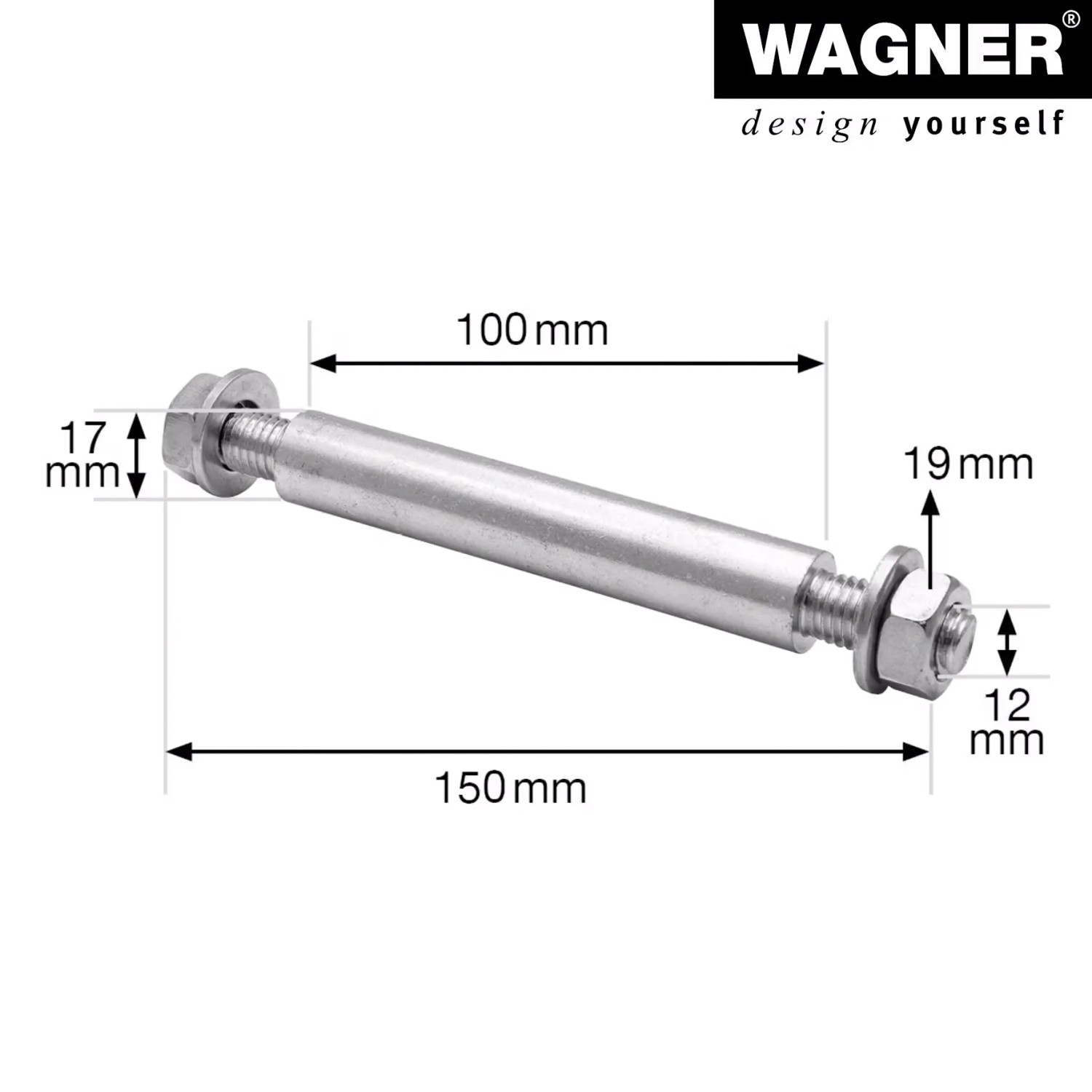 Wagner Achsmaterial Profi M12, 1,7x10,2 cm, verzinkter Stahl, für Rollen und Räder.
