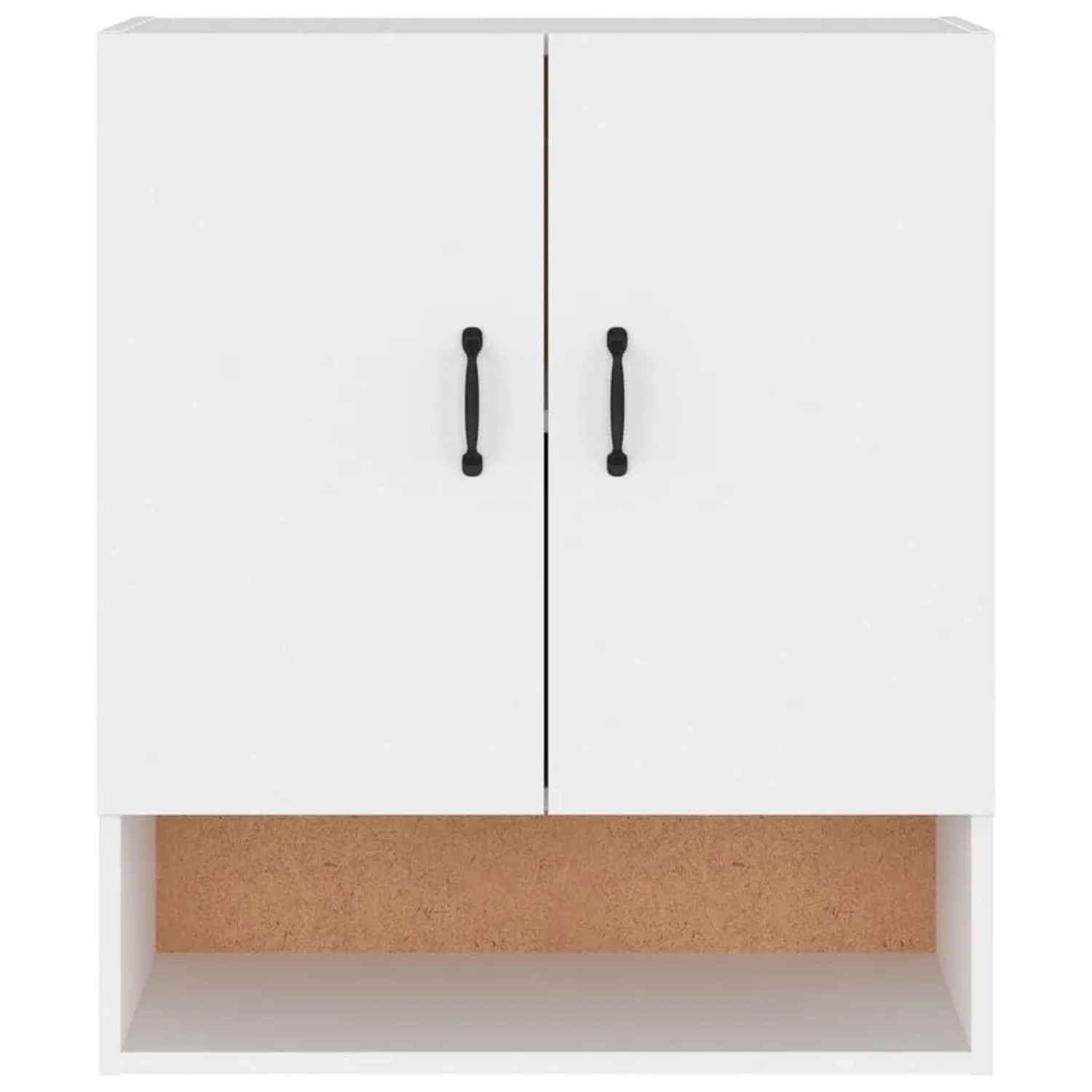 Weißer Wandschrank (60x31x70 cm) mit zwei Türen und offenem Fach. Büroschrank.