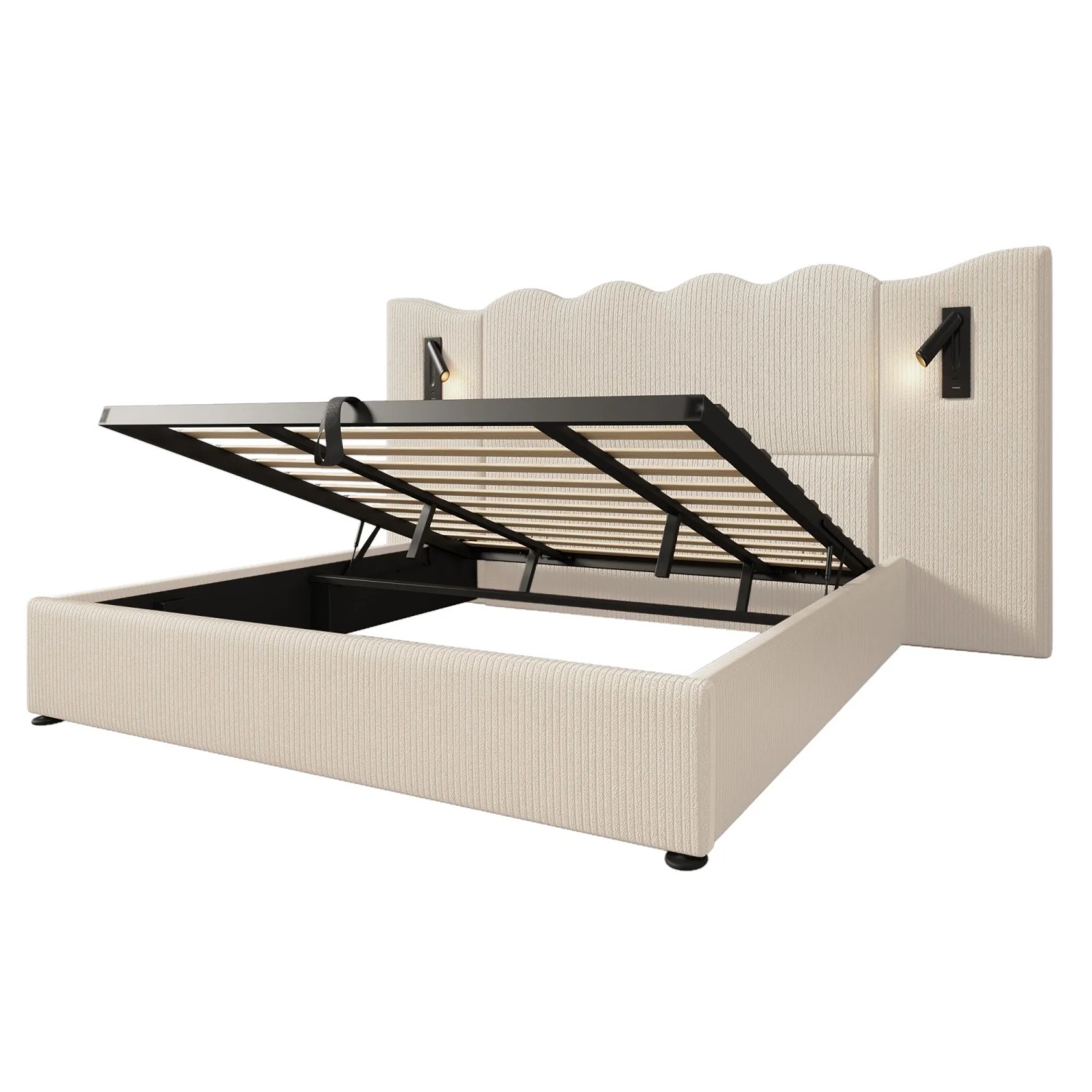 okwish Polsterbett 180x200cm mit Leselampe USB C Doppelbett Beige ohne Matratze