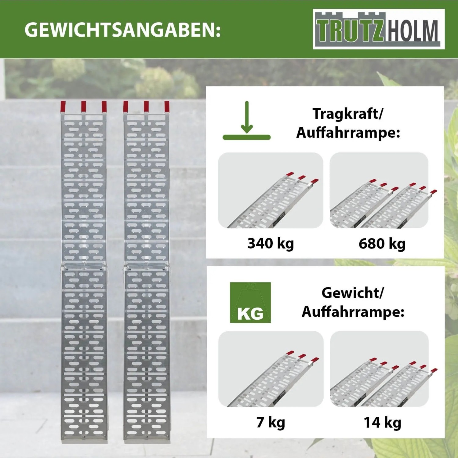 Zwei graue, klappbare TRUTZHOLM Aluminium Auffahrrampen, 228 cm lang, mit 680 kg Traglast. Zubehör für Autoanhänger.
