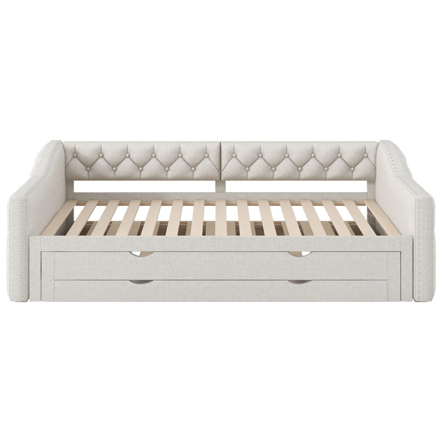 Merax Tagesbett 90x200 cm Gepolstert mit LED Ausziehbett 3 Schubladen Beige