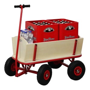Roter PROREGAL Bollerwagen mit Luftbereifung, beladen mit Getränkekisten und Wasserflaschen.