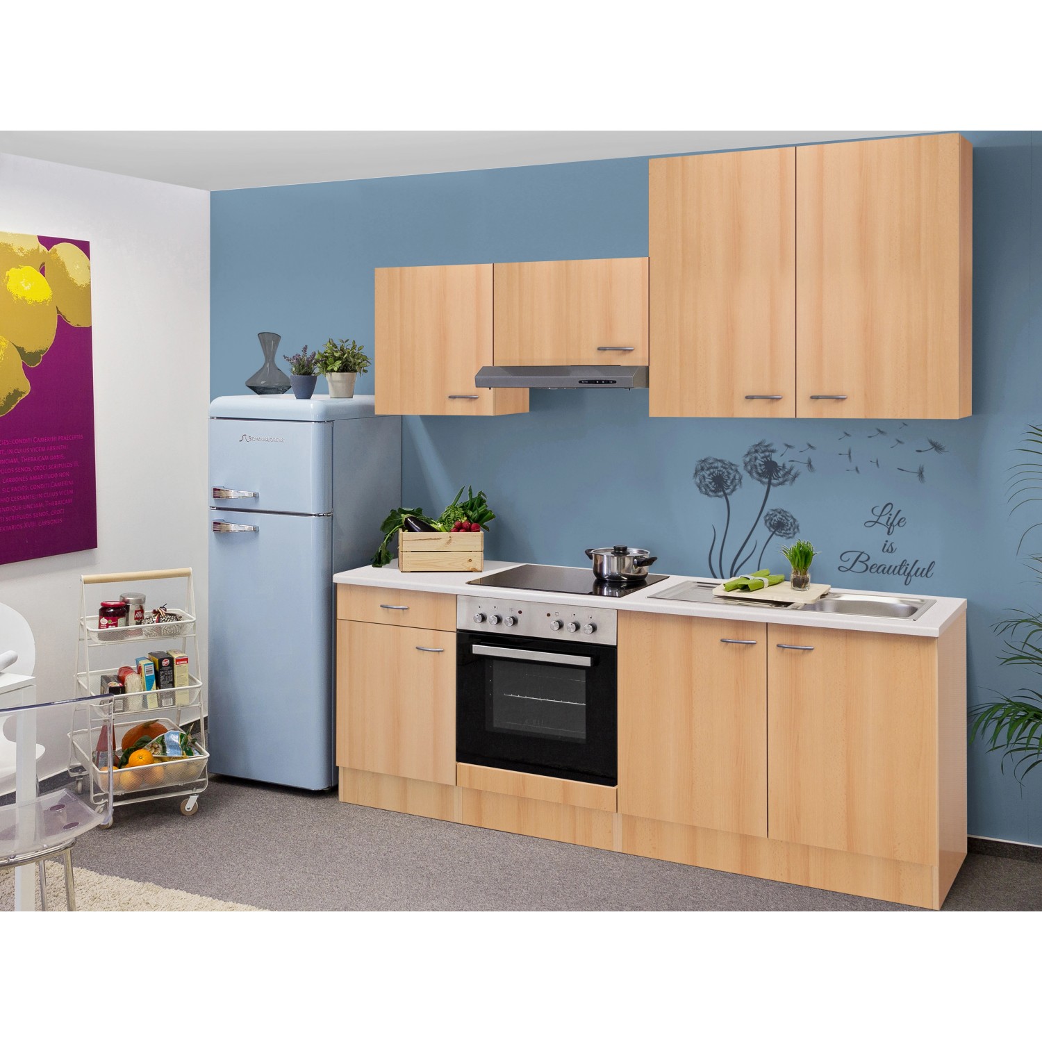 Flex-Well Classic Küchenzeile/Küchenblock Nano 210 cm Buche Nachbildung