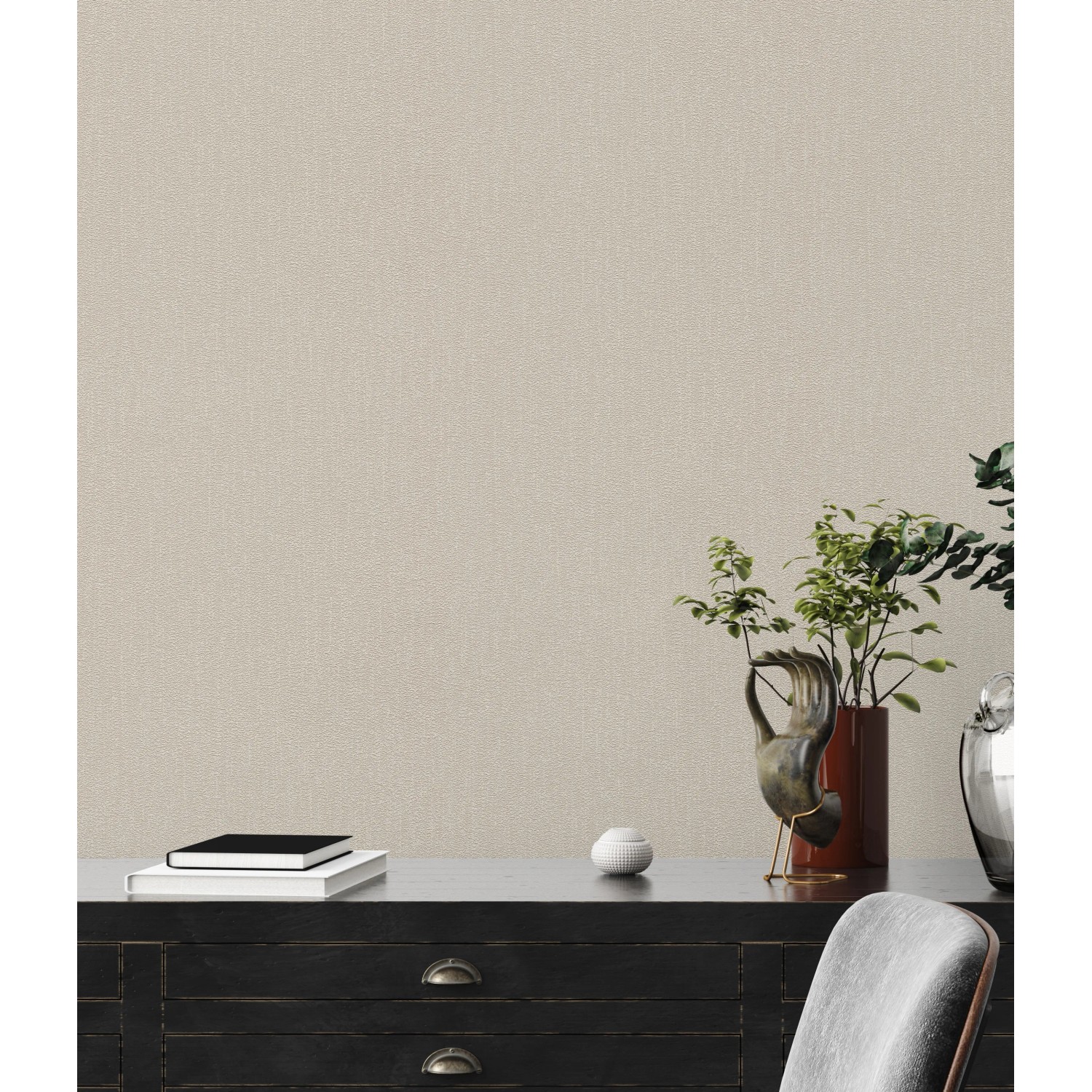 A.S. Création Vliestapete Uni Beige an Wand, Detailaufnahme der Textur.