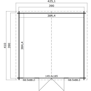 Grundriss Lasita Holz-Gartenhaus Wels 4, Schwedenrot, mit Maßangaben für Breite, Tiefe und Tür.