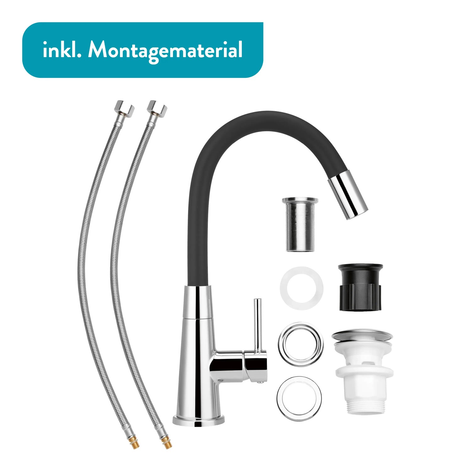 baliv Waschtischarmatur WT-690, verchromt mit flexiblem, schwarzen Silikonauslauf und Montagezubehör.