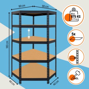 OBI Metall-Schwerlast-Eckregal, anthrazit, 180x90x40 cm, 5 verstellbare MDF-Böden, 875 kg Tragkraft.