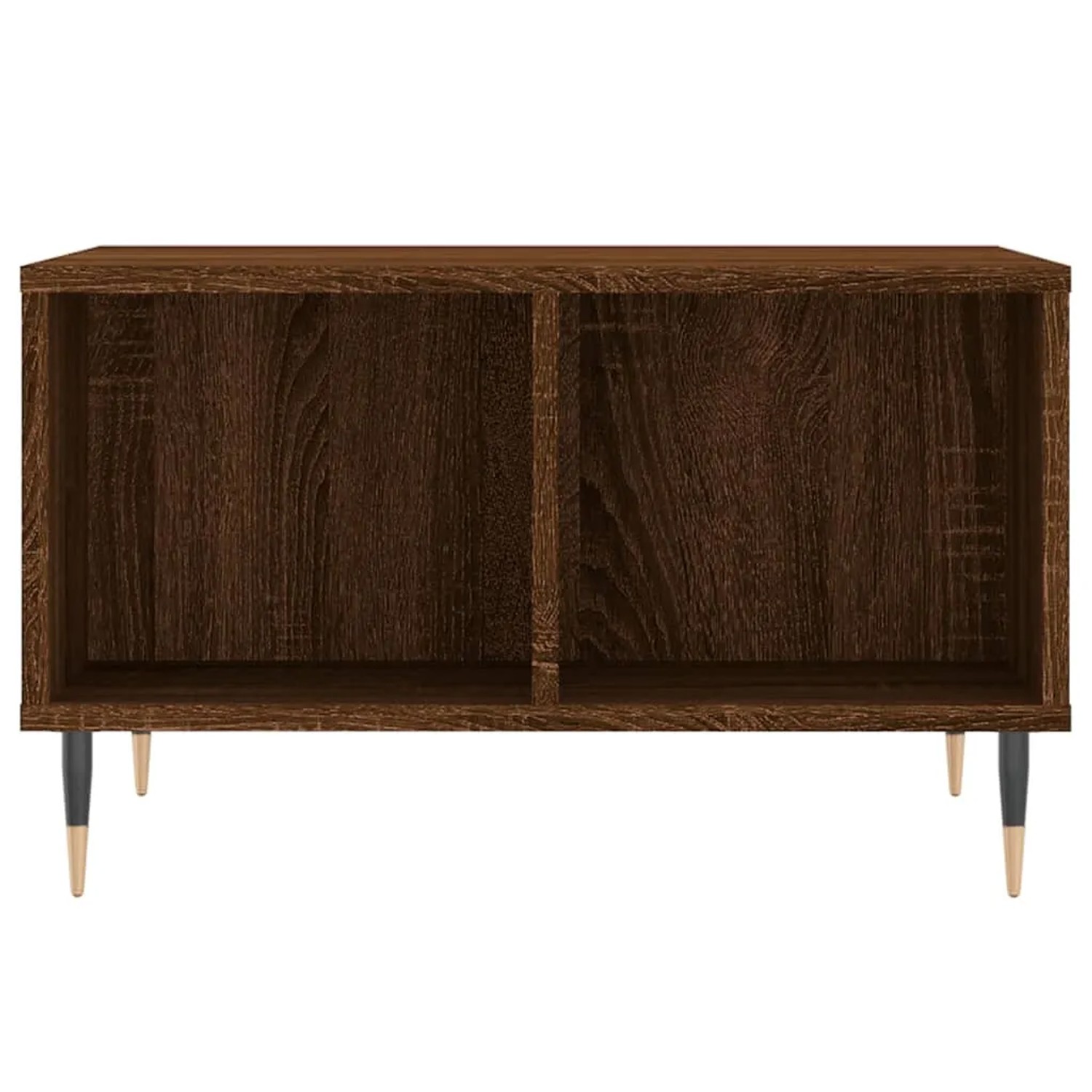 Couchtisch in Braun Eichen-Optik mit 2 Fächern und Metallbeinen.