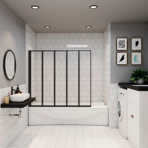 AICA Badewannenfaltwand 120x140cm, 5-teilig, schwarz, für Duschen. Badewannenaufsatz mit Aluminiumrahmen.