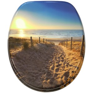 Sanilo WC-Sitz Düne aus Holz mit Strandmotiv, Weg zum Meer bei Sonnenuntergang.