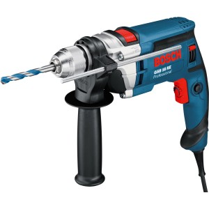 Bosch Professional GSB 16 RE Schlagbohrmaschine (750 W) mit Bohrer und Zusatzhandgriff im Koffer.