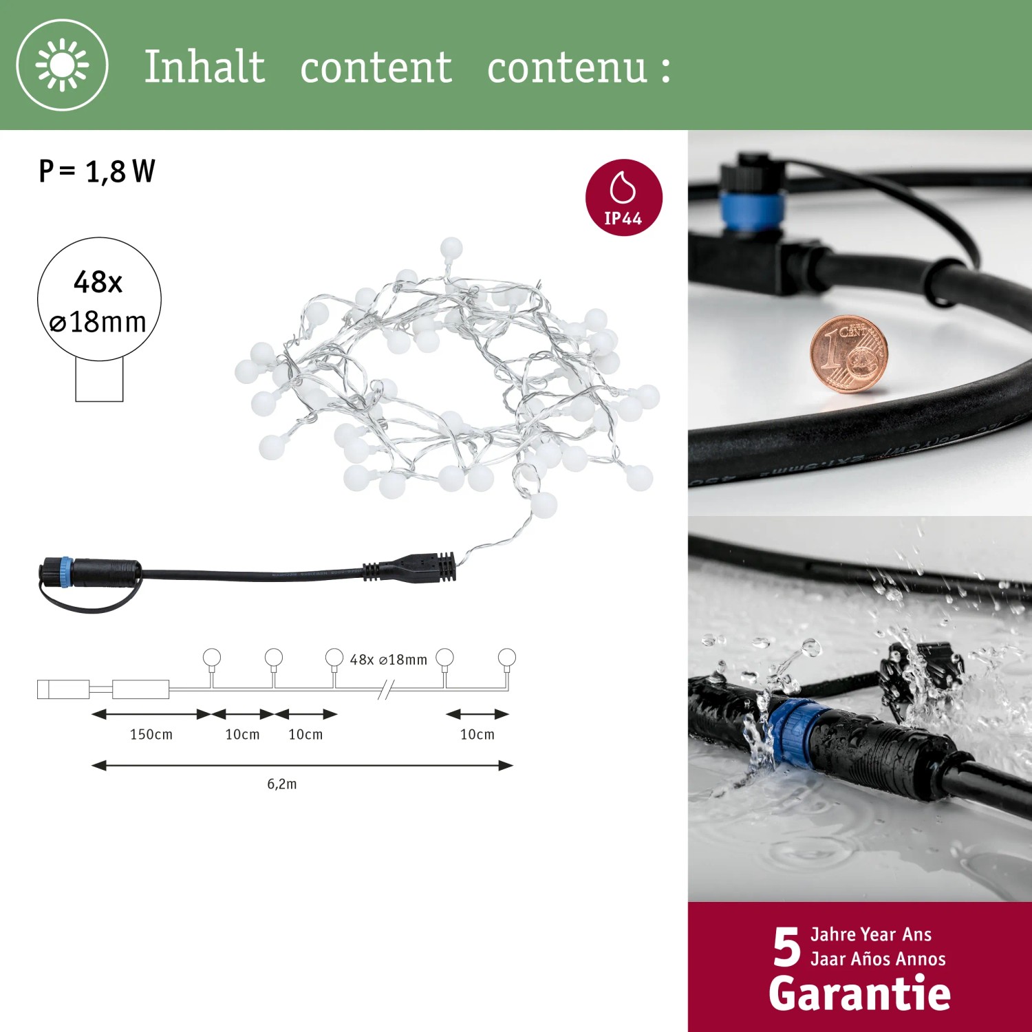 Paulmann LED-Lichterkette Plug & Shine, 5m, warmweiß, IP44, für Außenbeleuchtung.