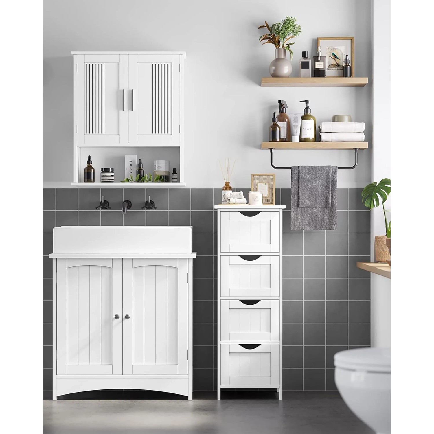Songmics Badezimmerschrank Sofie, weißes Bad-Standregal mit 4 Schubladen.