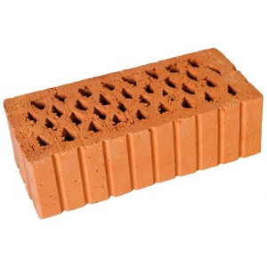 Poroton ThermoBlock® Mauerstein, Kleinformat, rotbraun, mit Löchern für Wärmedämmung.