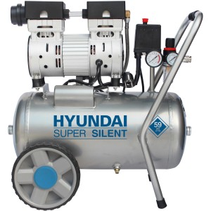Hyundai Silent Kompressor 24 l, 8 bar, ölfrei, mit Manometer und Rädern.