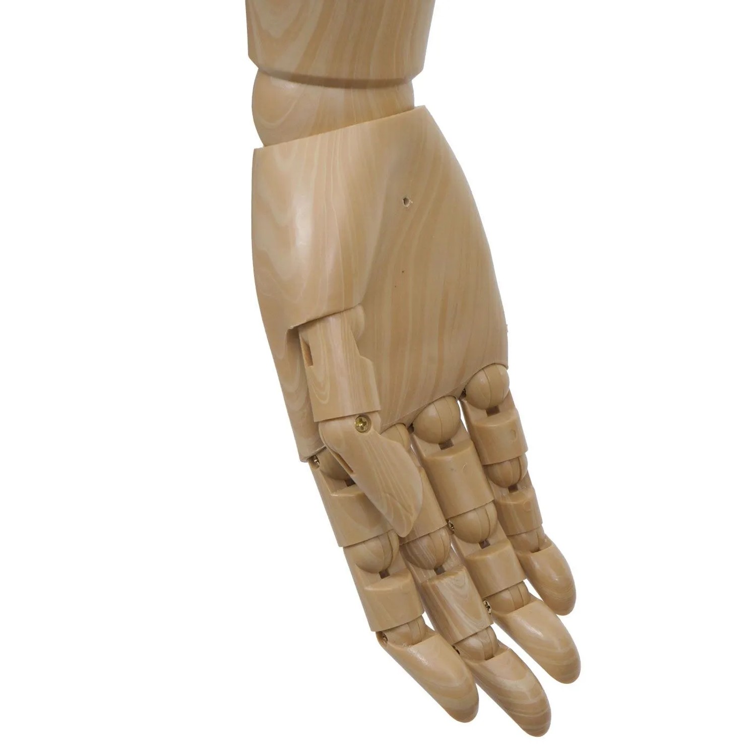 Detailansicht der beweglichen Holzhand einer Schneiderpuppe, mit sichtbarer Maserung und Gelenken.