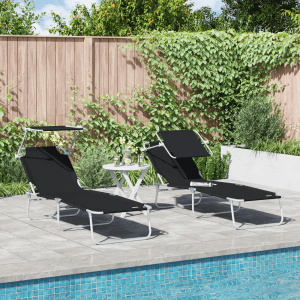 Zwei schwarze vidaXL Sonnenliegen mit Sonnenblende aus Oxford-Stoff am Pool.
