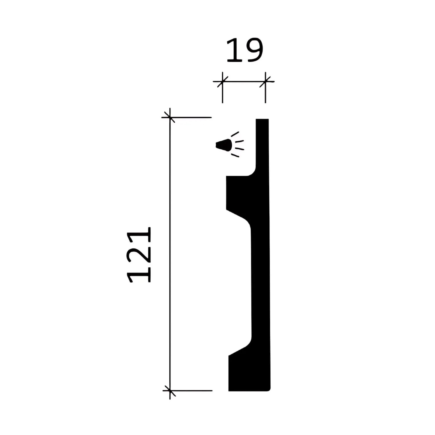 Technische Zeichnung: PROFHOME Wand- und Friesleiste 151605, Maße 121x19 mm, geeignet für indirekte Beleuchtung.