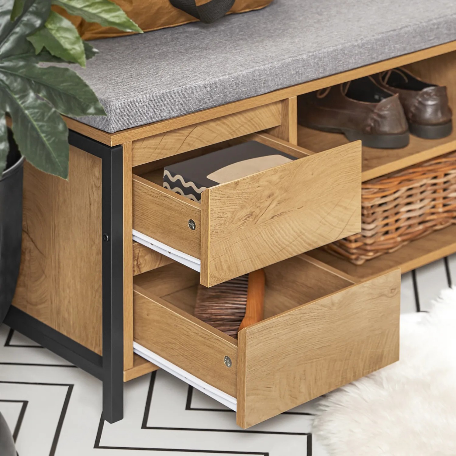 SoBuy Schuhbank FSR149-N mit Schubladen und Fächern in Natur und Schwarz.