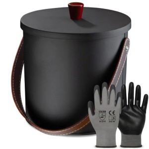 Schwarzer BLACK OAK Ascheeimer TOBA 5L mit Deckel und Kunstledergriff. Zubehör für Kamine & Öfen.
