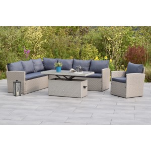 Merxx Chicago Eck-Set: Lounge-Gartenmöbel mit grauen Kissen und höhenverstellbarem Tisch.