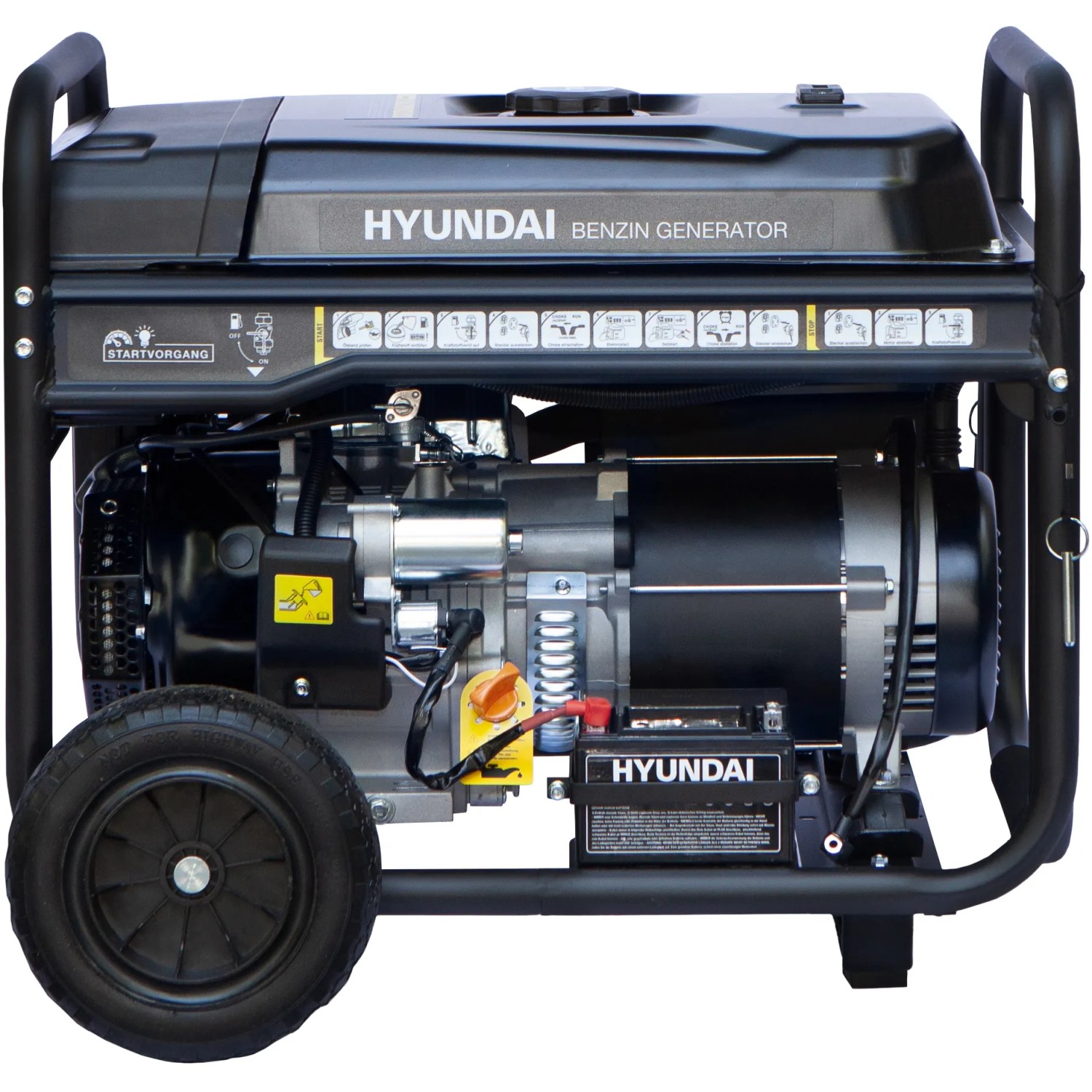 Hyundai Notstromaggregat HY8500LEK-T mit 7,7 kW Leistung und Rädern für mobilen Einsatz.
